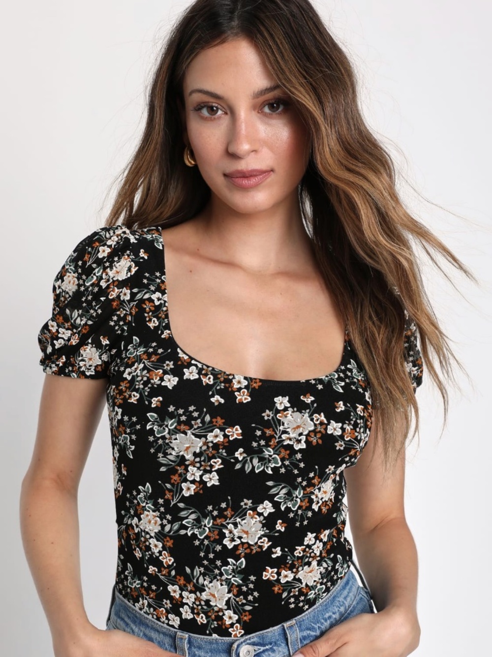 Flowering Charm Black Floral Print Mesh Short Sleeve Bodysuit: Size XS